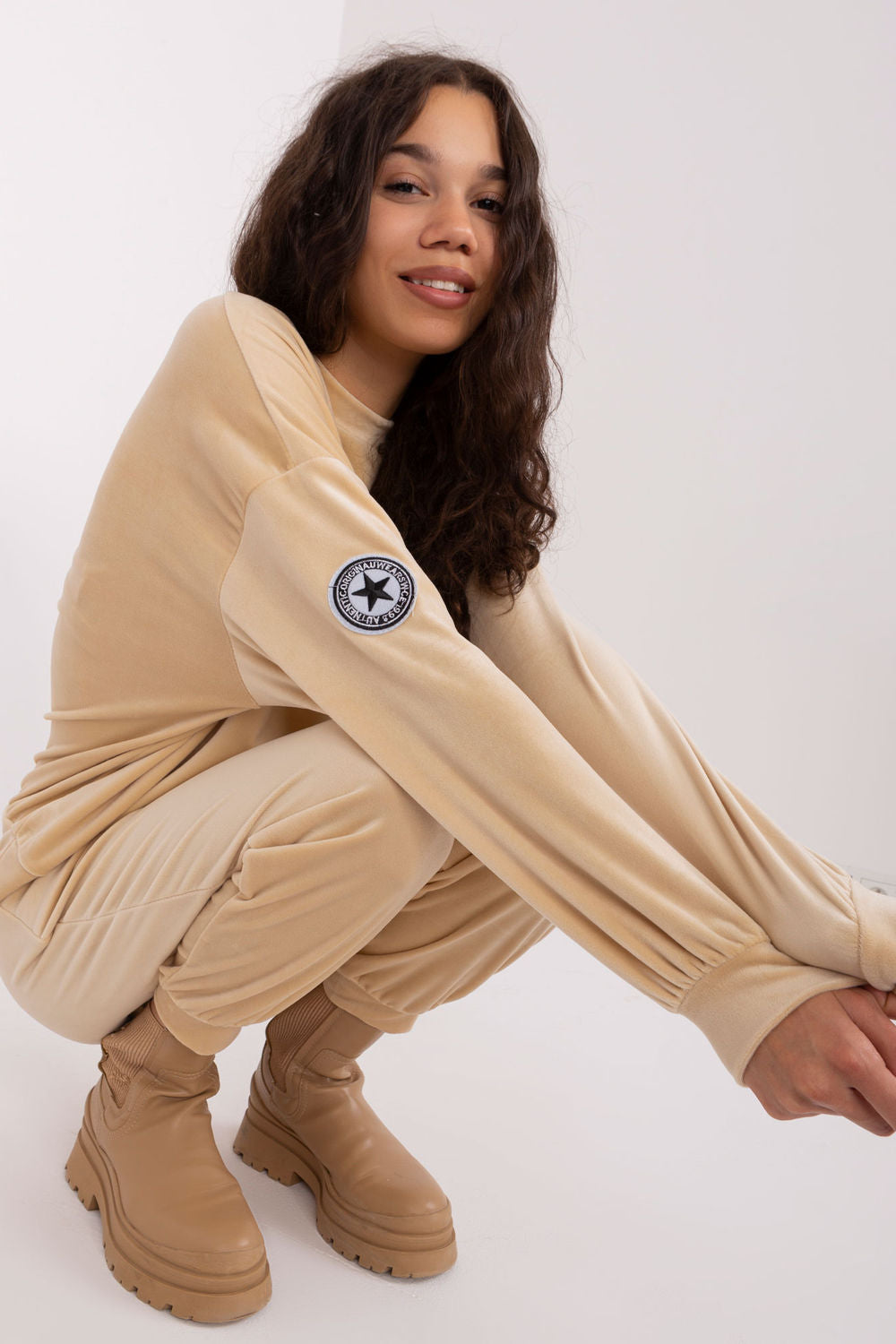 Italy Moda Beige Velvet Long Sleeve Co-Ord Set - view 2