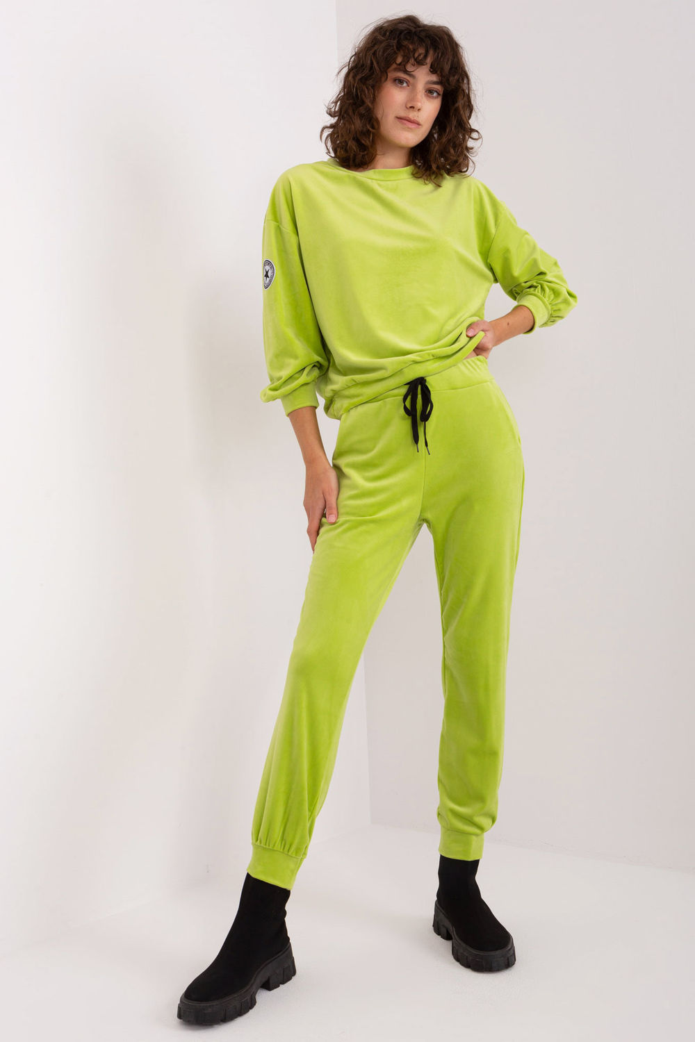 Italy Moda Lime Velvet Long Sleeve Co-Ord Set