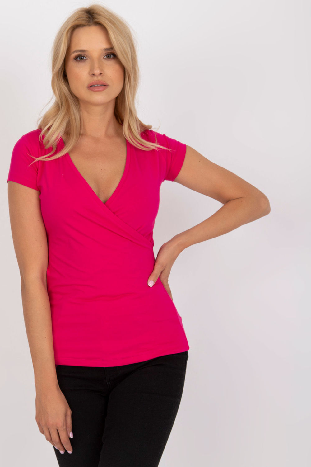 Rue Paris Fuchsia Wrap Short Sleeve Blouse