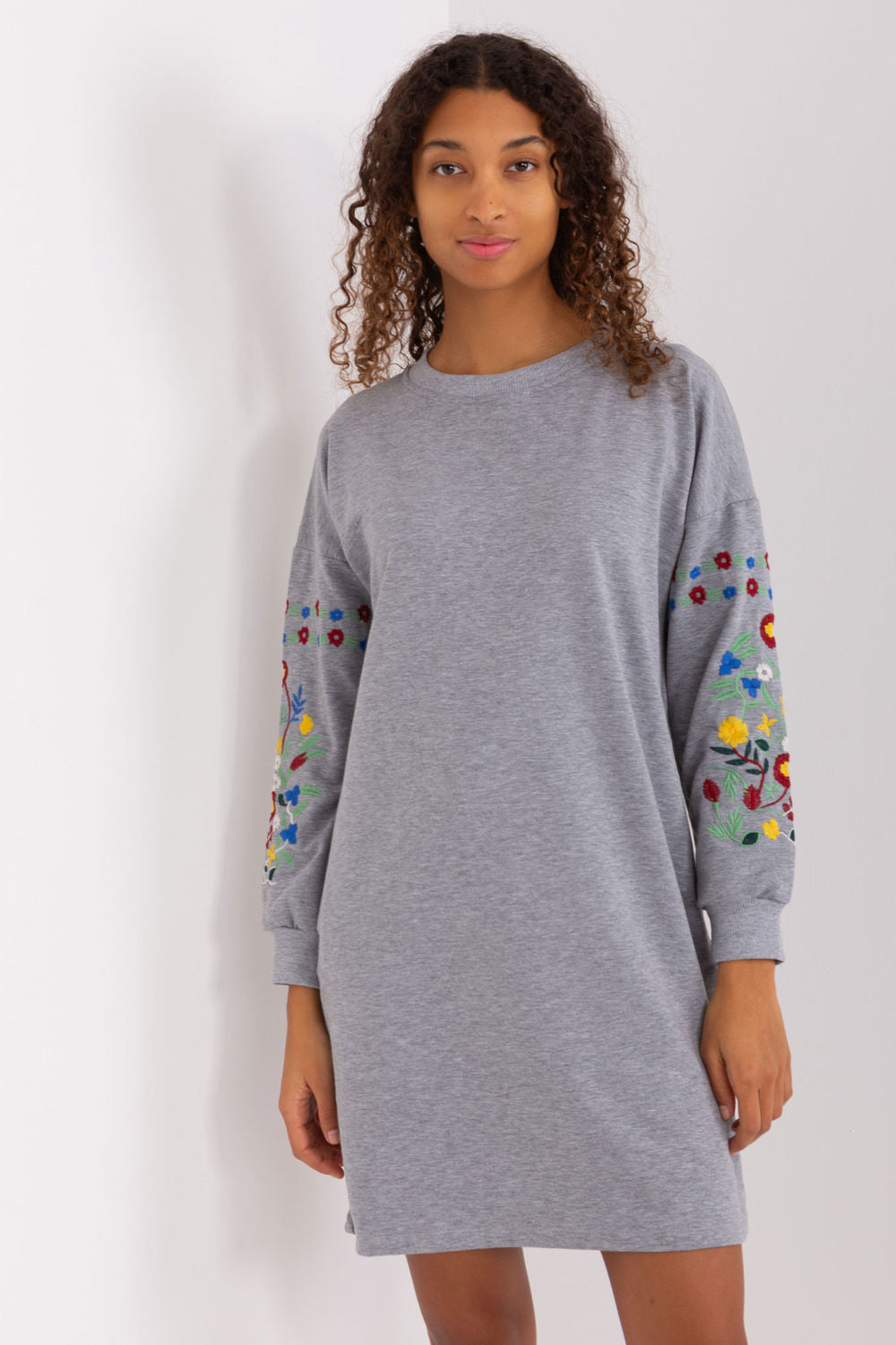Rue Paris Grey Round Neck Long Sleeve Dress