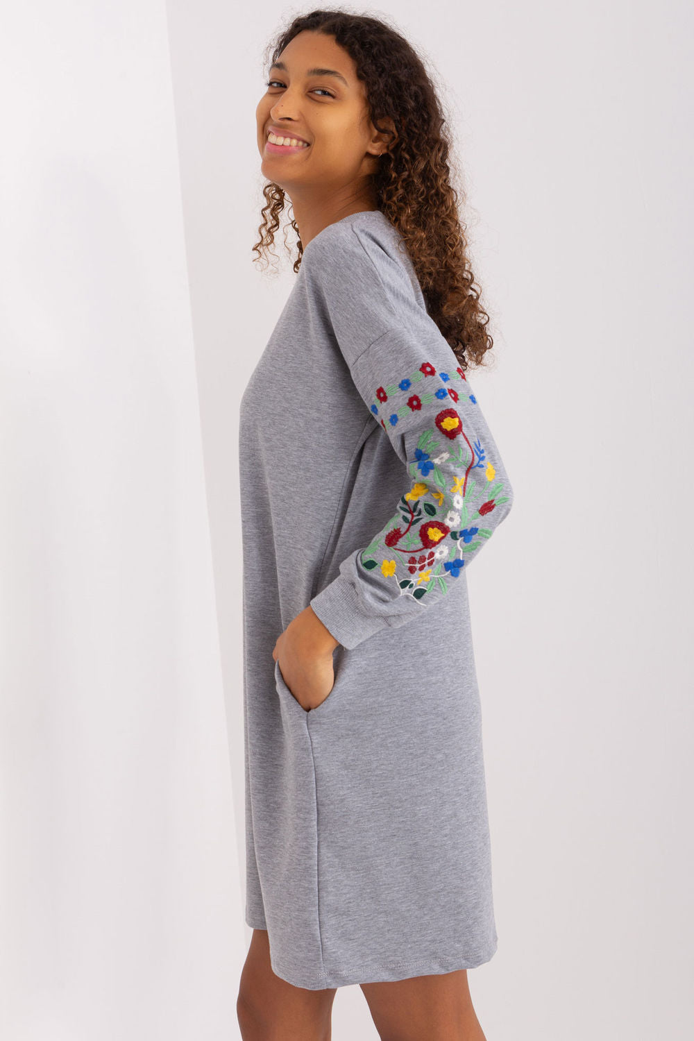 Rue Paris Grey Round Neck Long Sleeve Dress - view 3