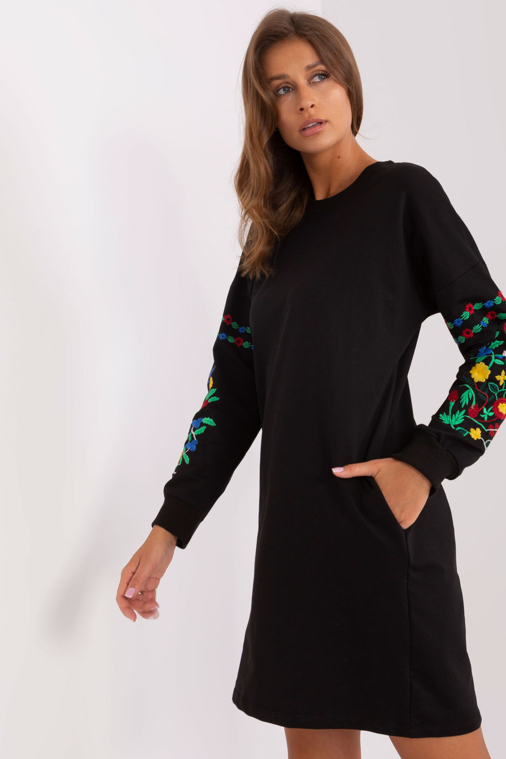 Rue Paris Black Round Neck Cotton Long Sleeve Dress - view 3