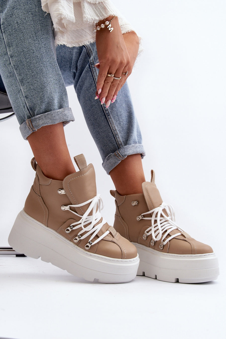 Step In Style Beige Leather Platform Trainers with Round Toe