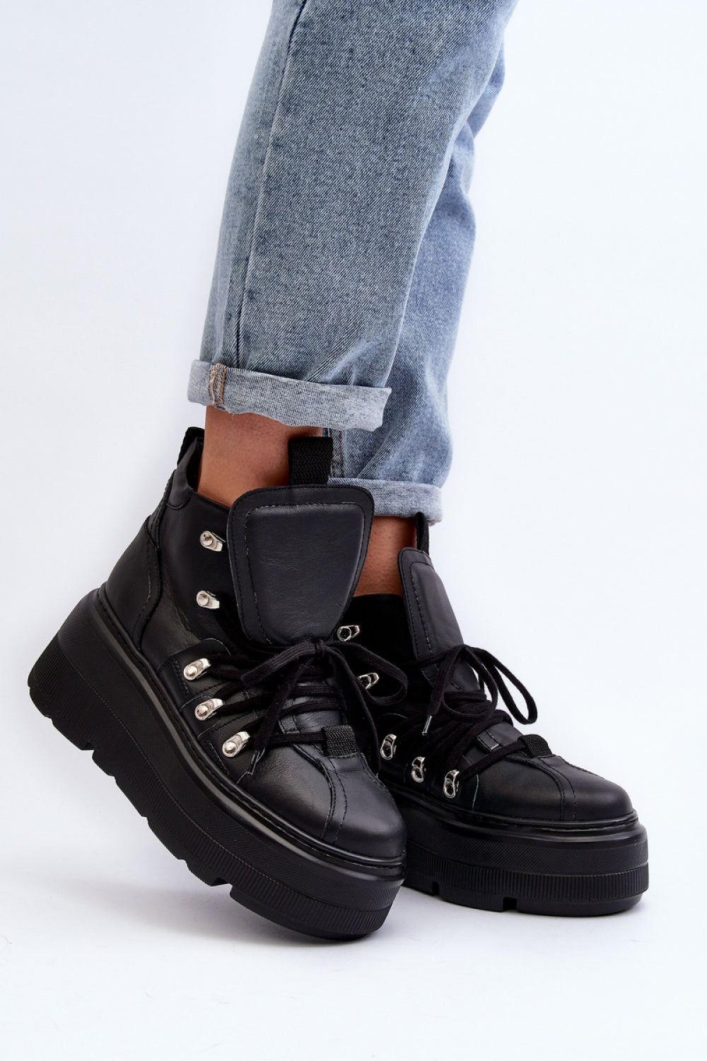 Step In Style Black Leather Platform Trainers