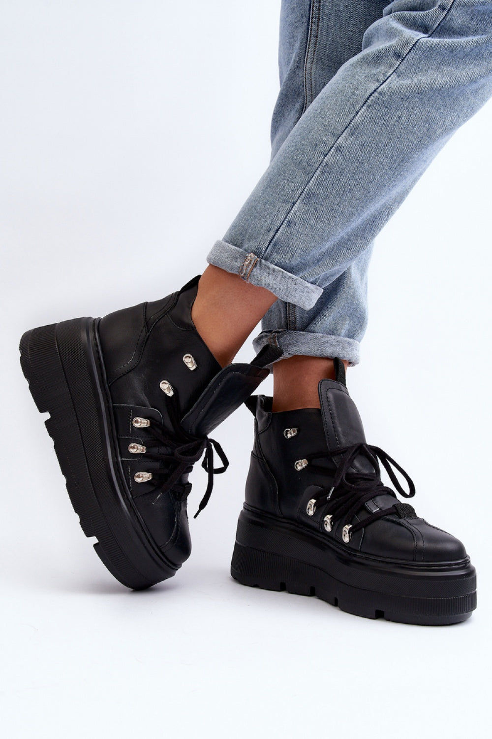 Step In Style Black Leather Platform Trainers - view 2