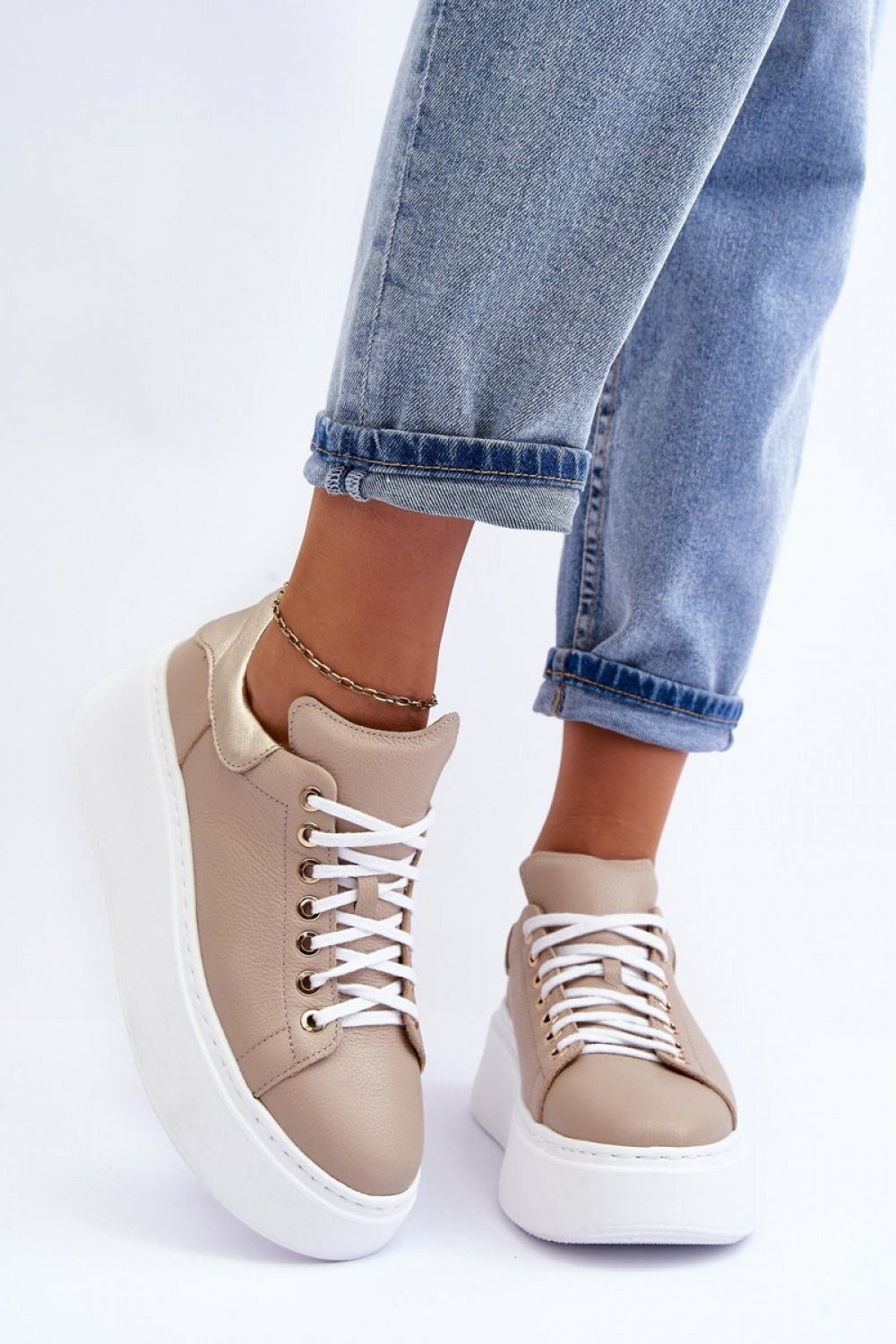 Step In Style Beige Leather Platform Lace Up Trainers