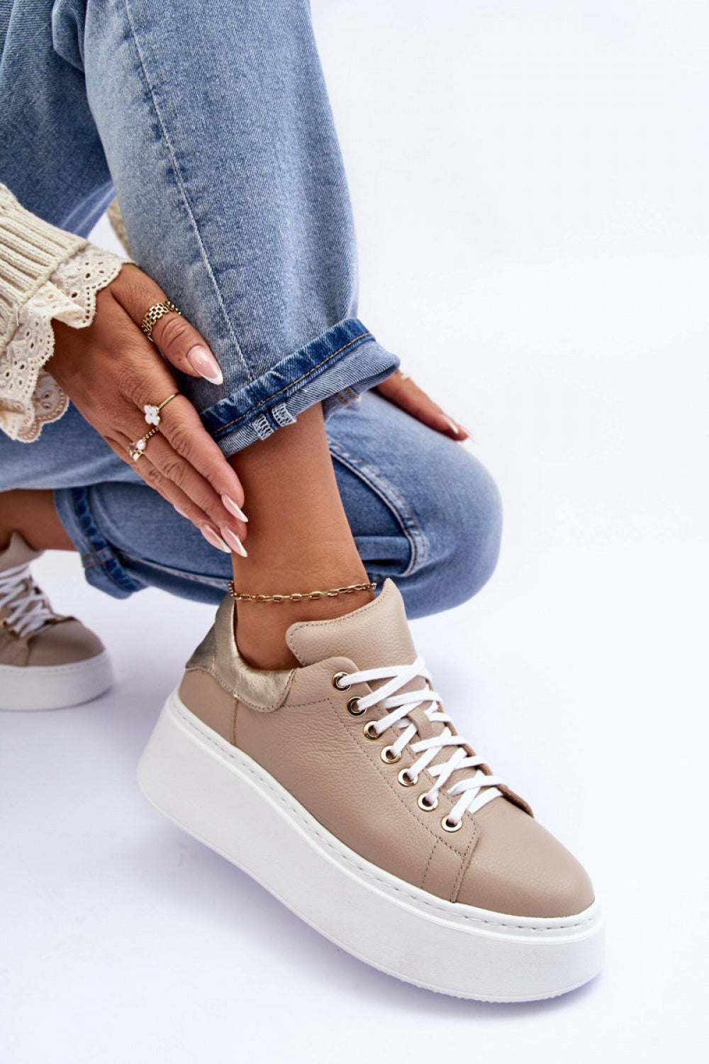 Step In Style Beige Leather Platform Lace Up Trainers - view 2