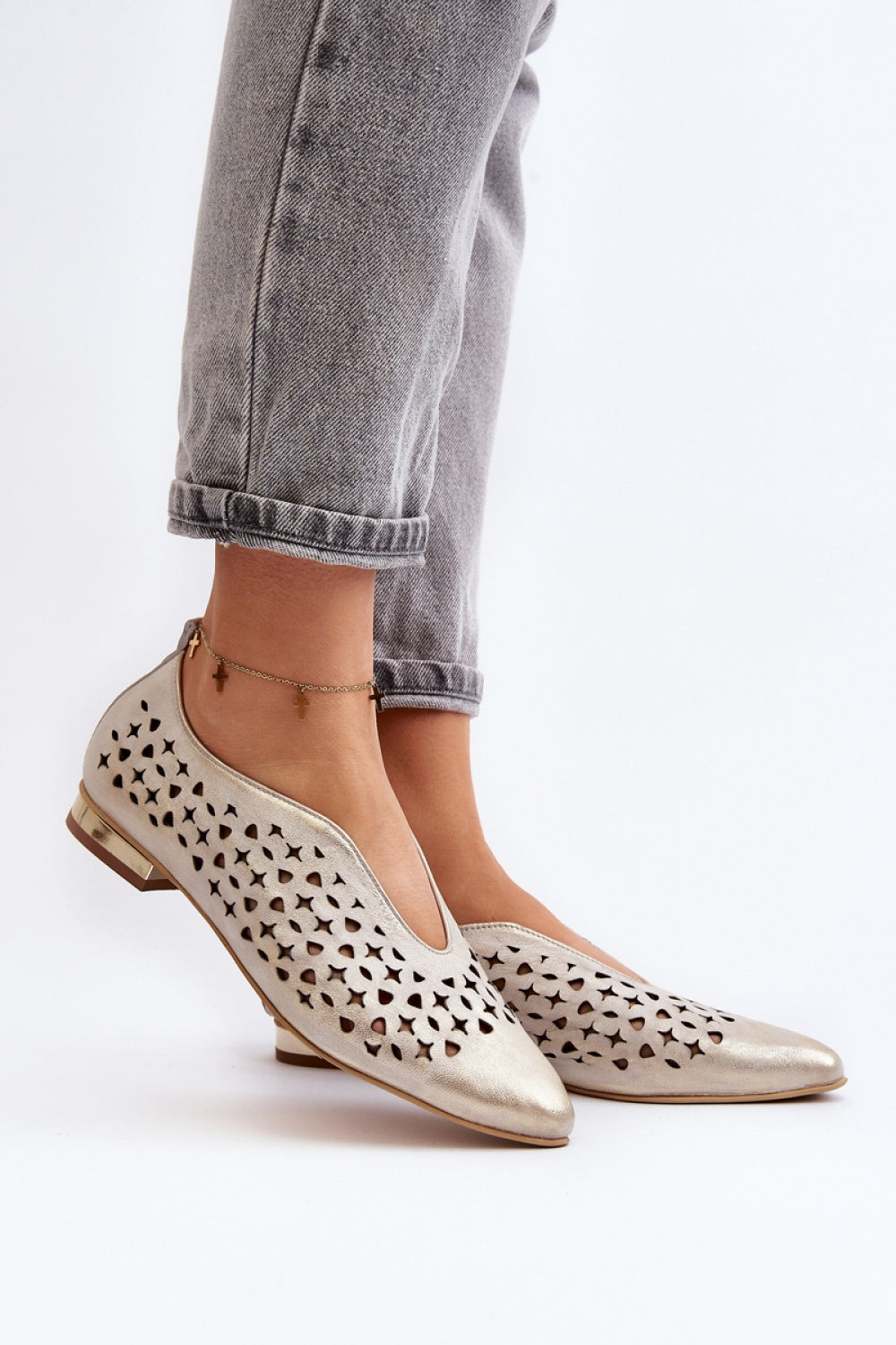 Step In Style Zazoo Gold Openwork Leather Ballet Flats
