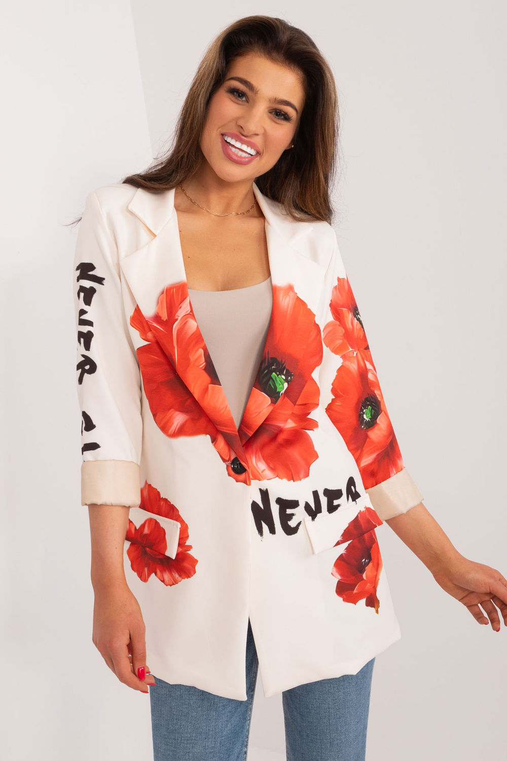 Italy Moda Ecru Floral Long Sleeve Jacket