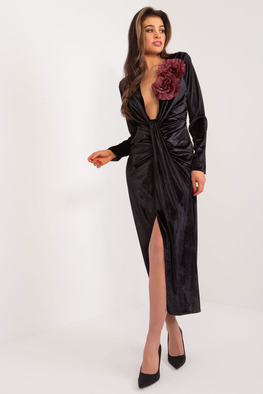 Lakerta Black Midi Velvet Evening Dress