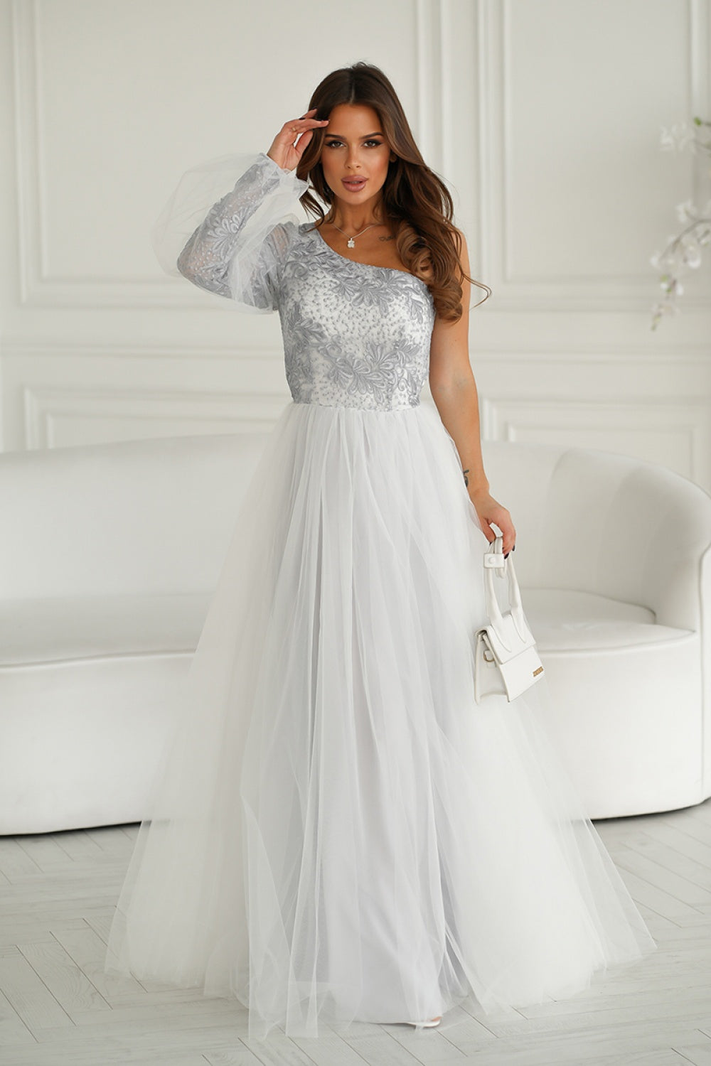 Bicotone Grey Lace Flared Maxi Dress - view 2