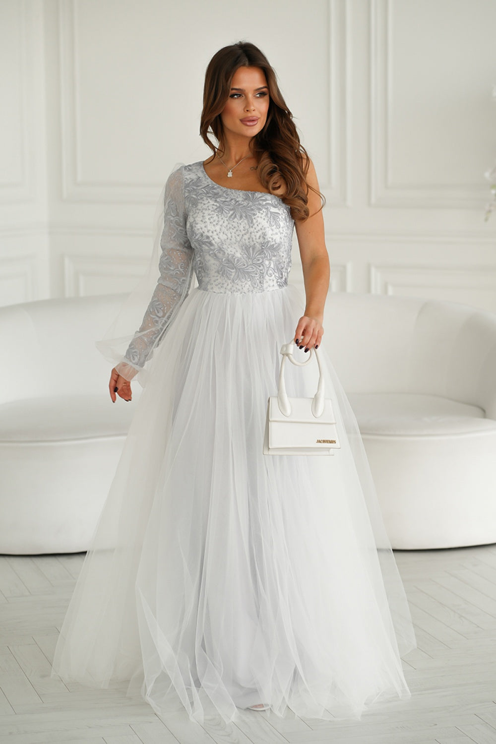 Bicotone Grey Lace Flared Maxi Dress - view 3