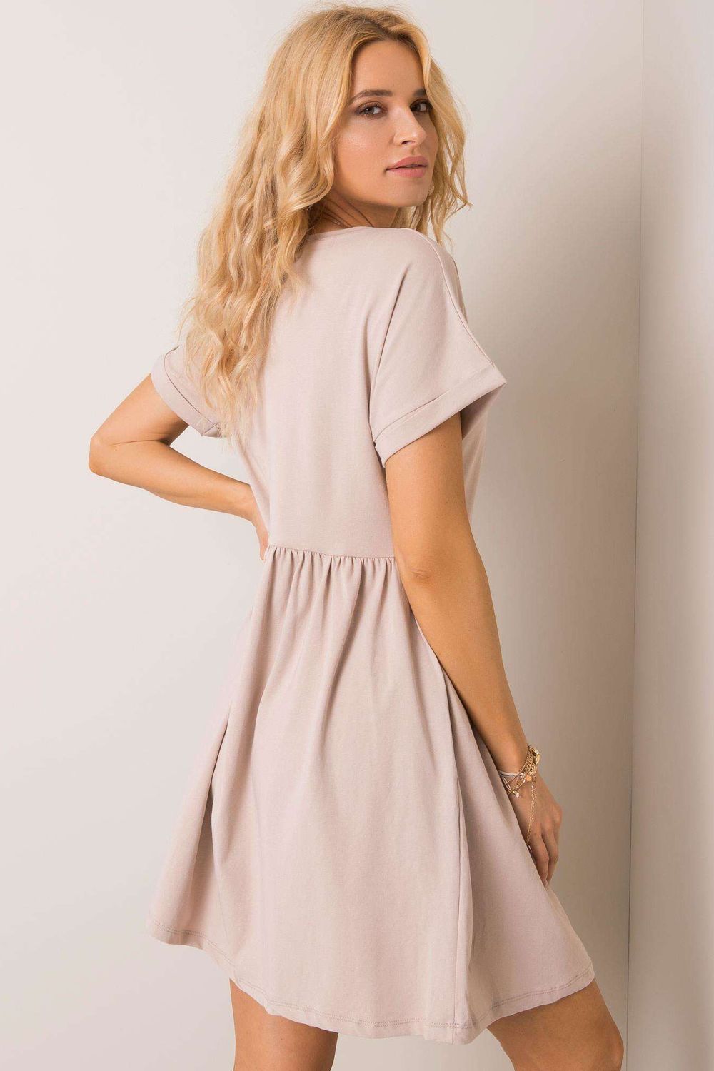 Rue Paris Beige Flared Short Sleeve Dress - view 3