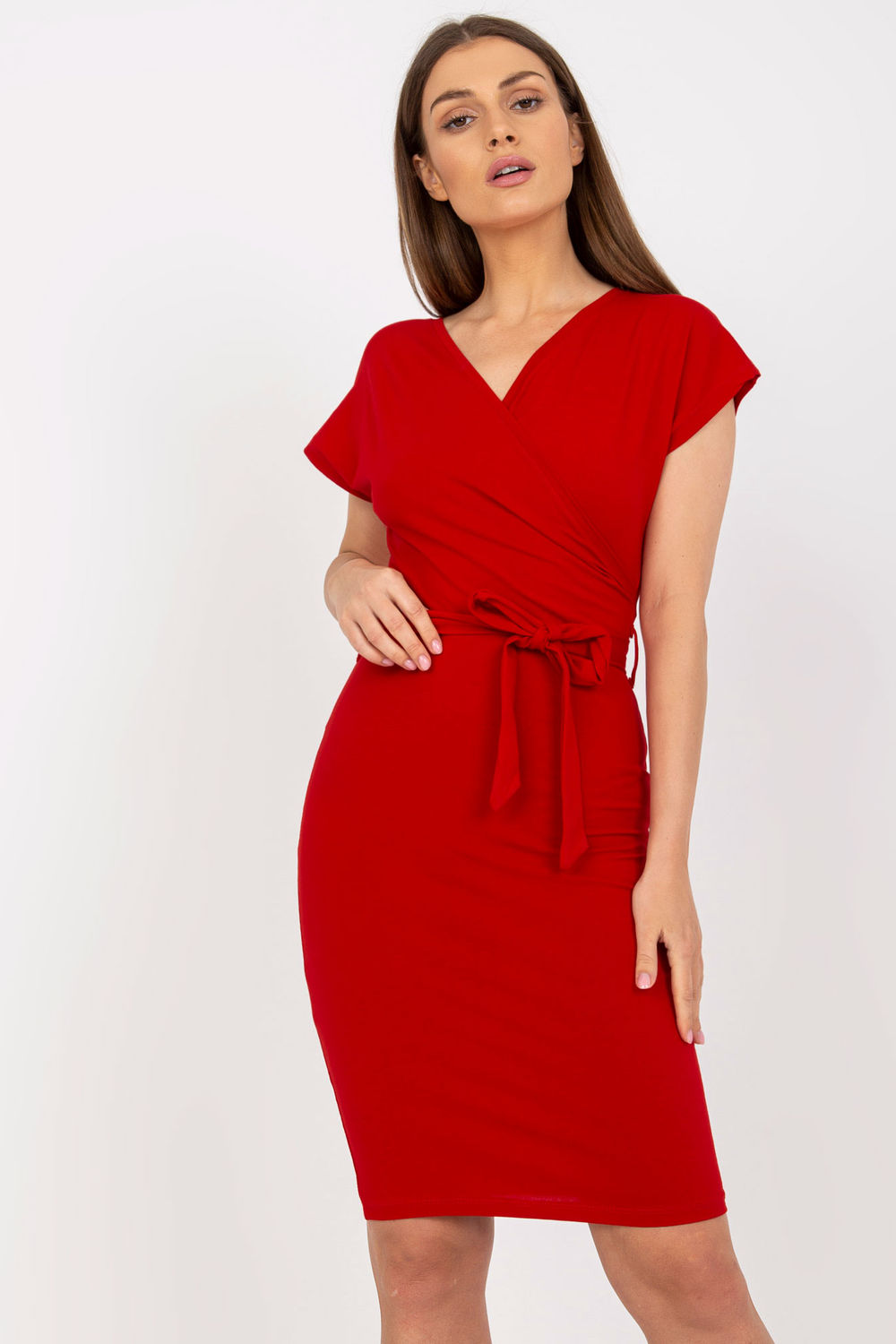 Rue Paris Red Wrap Short Sleeve Dress