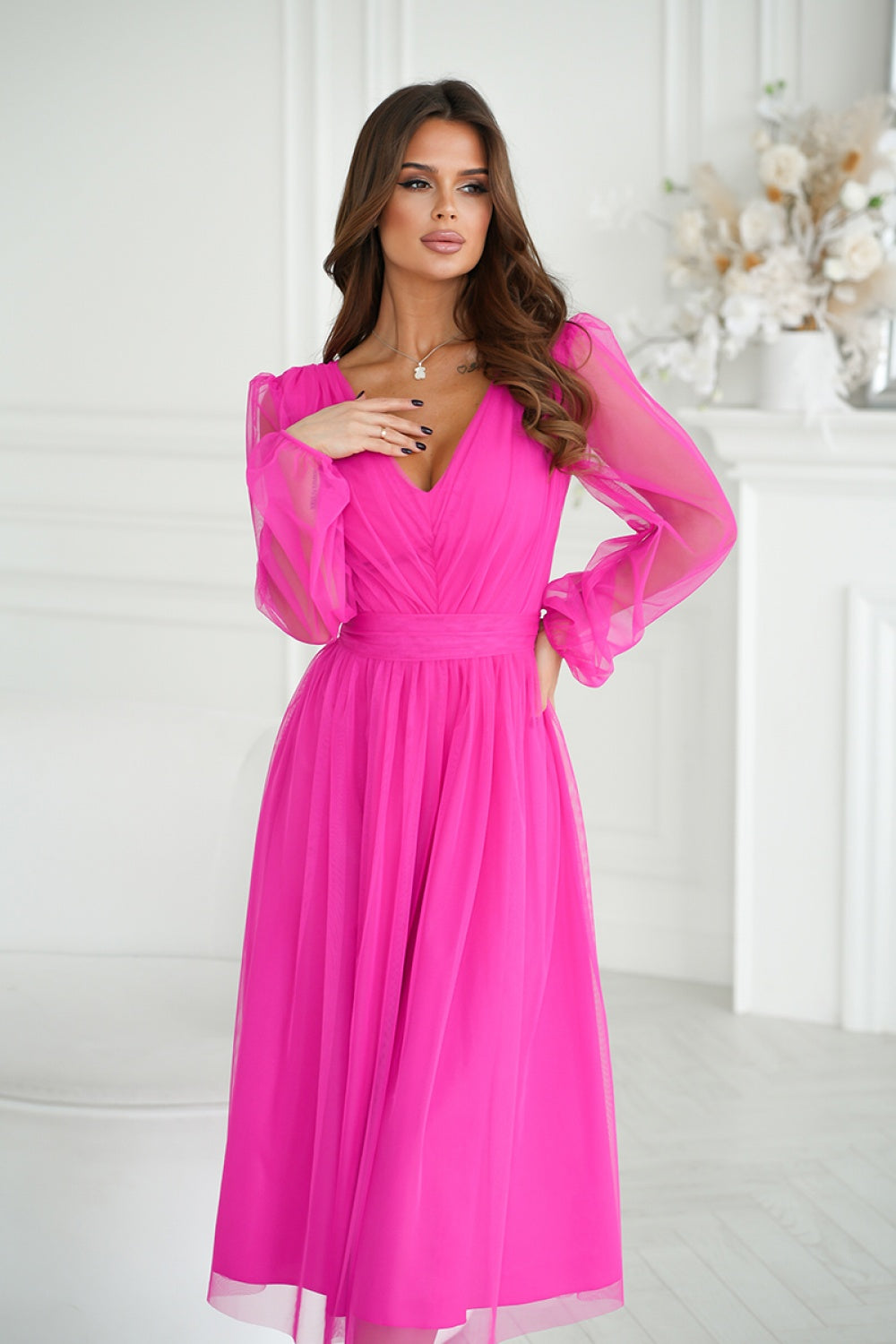 Bicotone Pink Midi Mesh Evening Dress