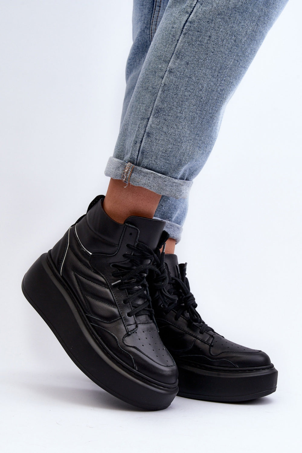 Step In Style Black Leather Platform Trainers