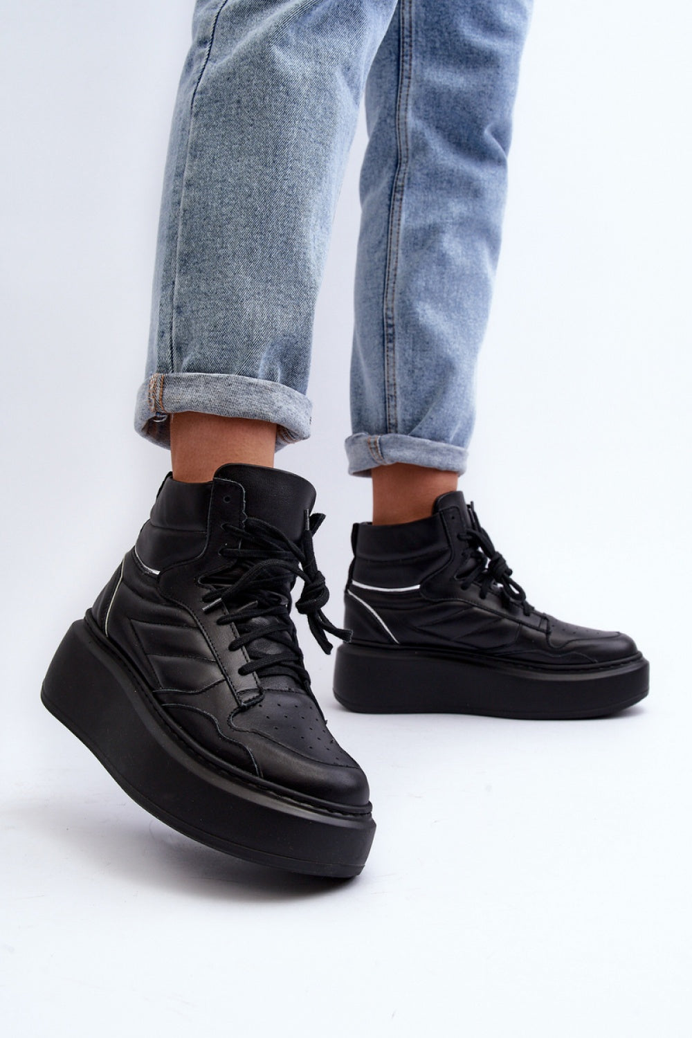 Step In Style Black Leather Platform Trainers - view 2