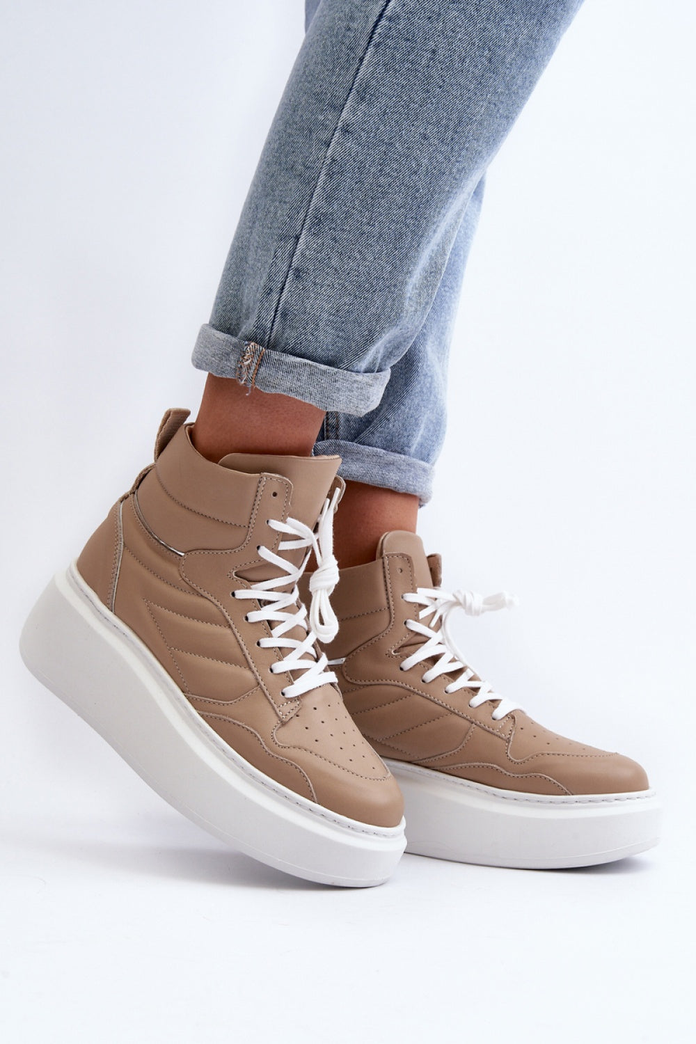 Step In Style Beige Leather Platform Trainers