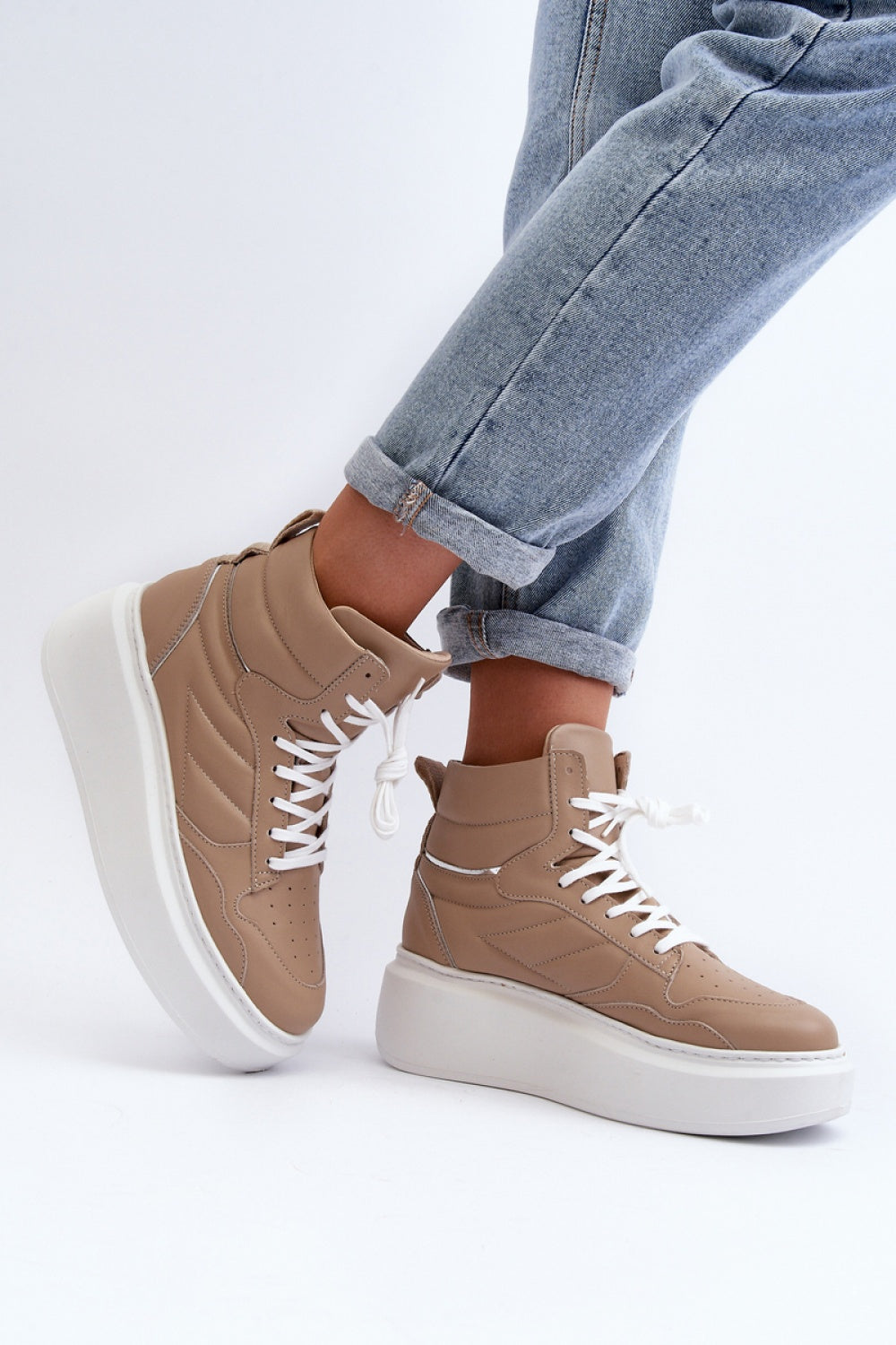 Step In Style Beige Leather Platform Trainers - view 2