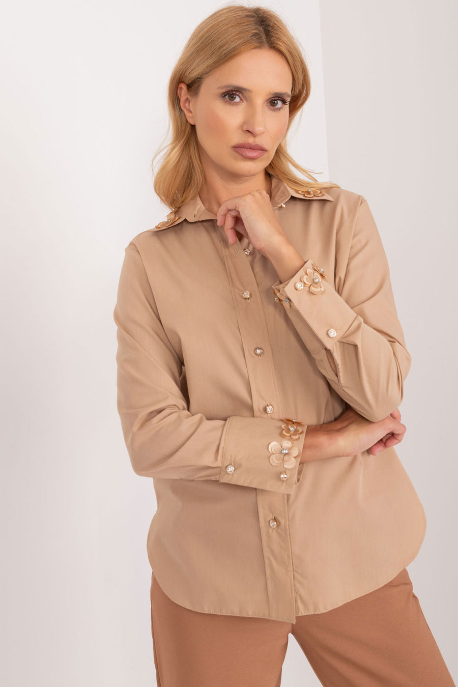 Lakerta Dark Beige Cotton Long Sleeve Top