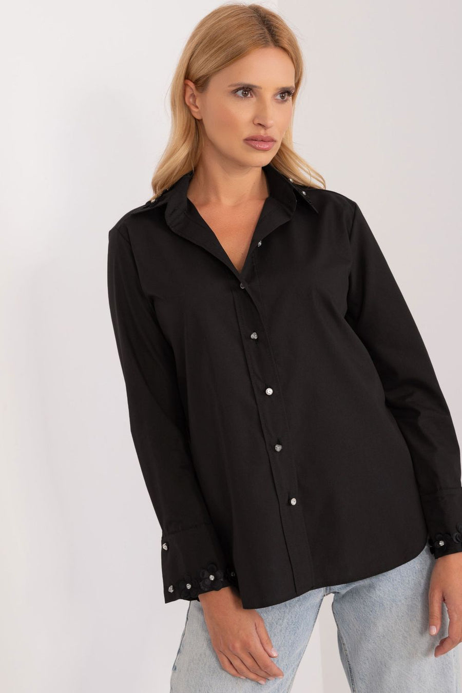 Lakerta Black Collared Cotton Long Sleeve Top with Buttons