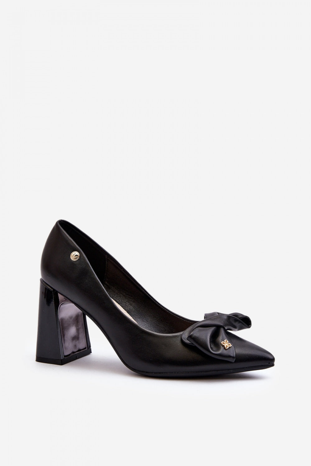 Step In Style Ariemessa Black Leather Stiletto Block Heel Court Shoes - view 2