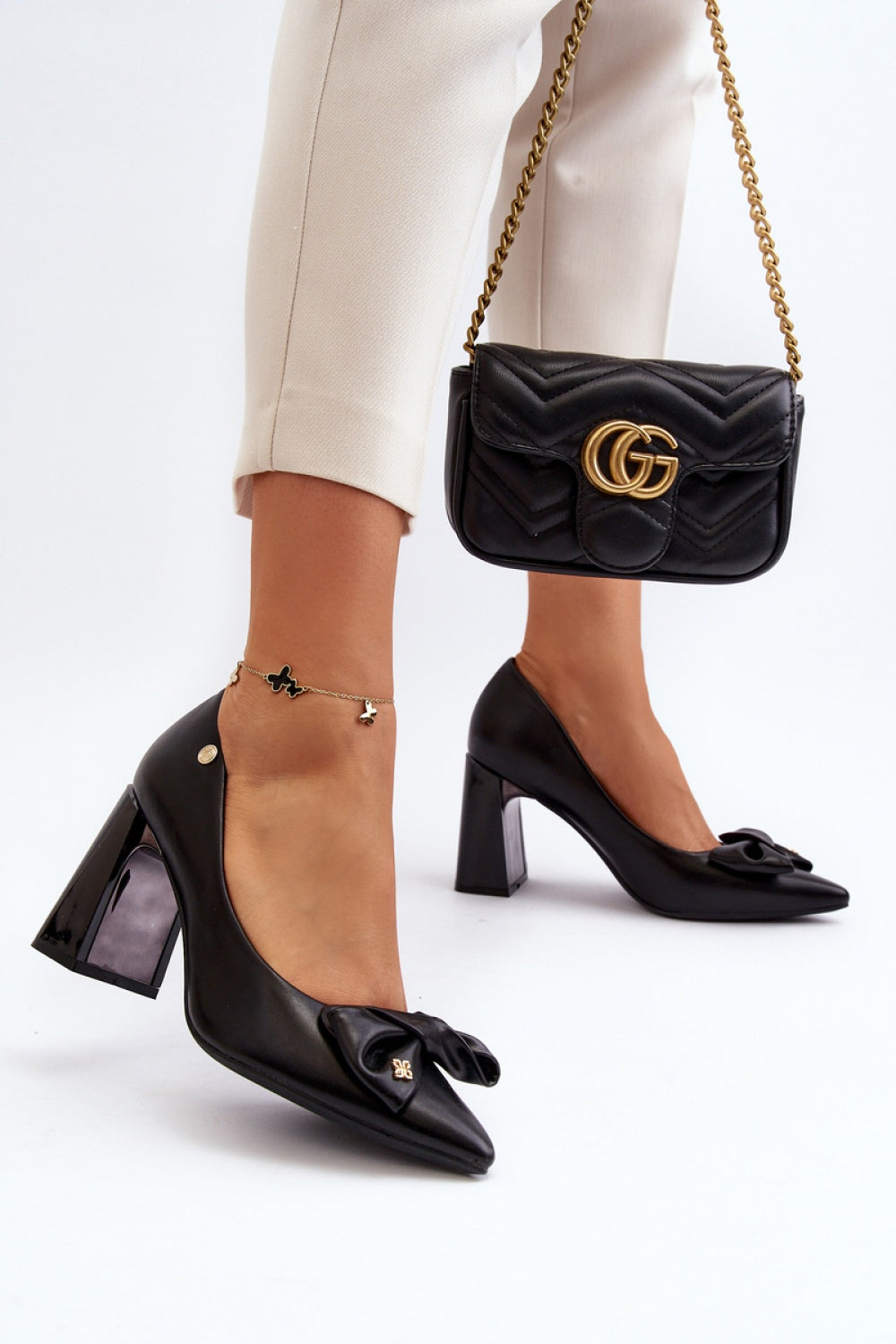 Step In Style Ariemessa Black Leather Stiletto Block Heel Court Shoes - view 3