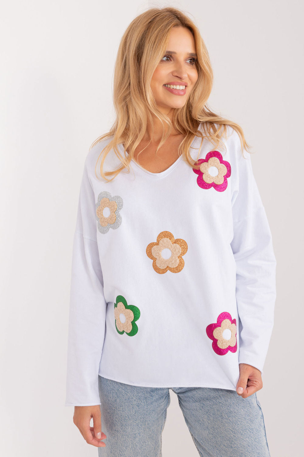 Italy Moda White Floral Long Sleeve Blouse
