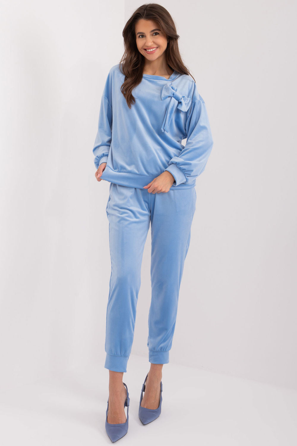 Italy Moda Light Blue Velvet High Waisted Co-Ord Set