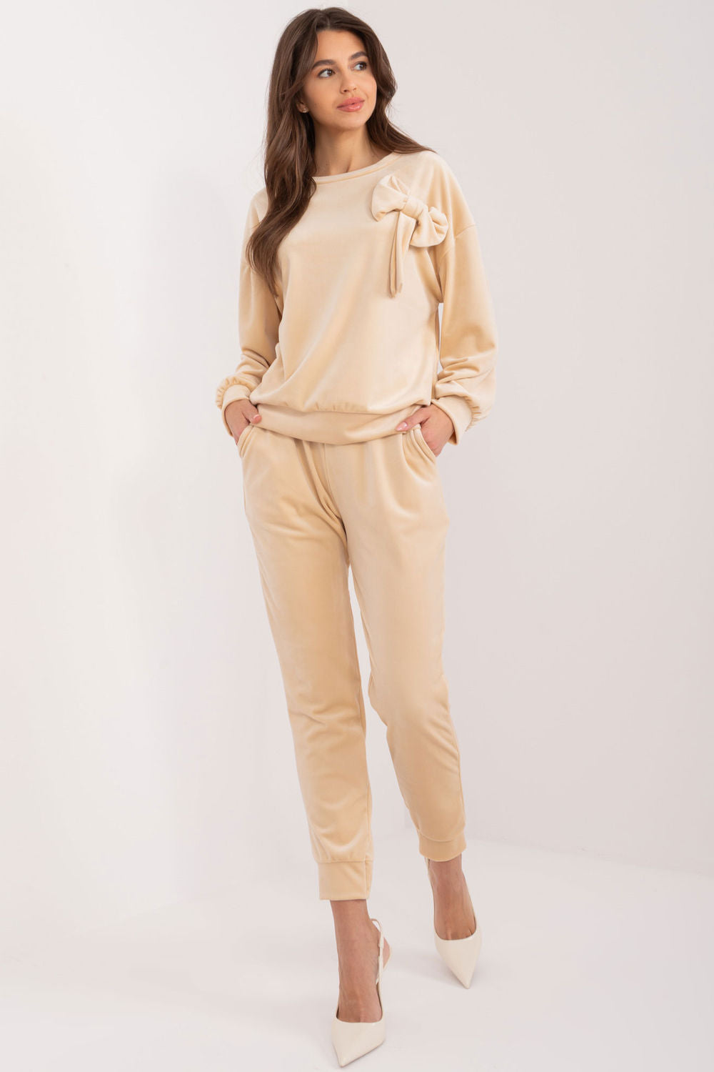 Italy Moda Beige Velvet High Waisted Co-Ord Set