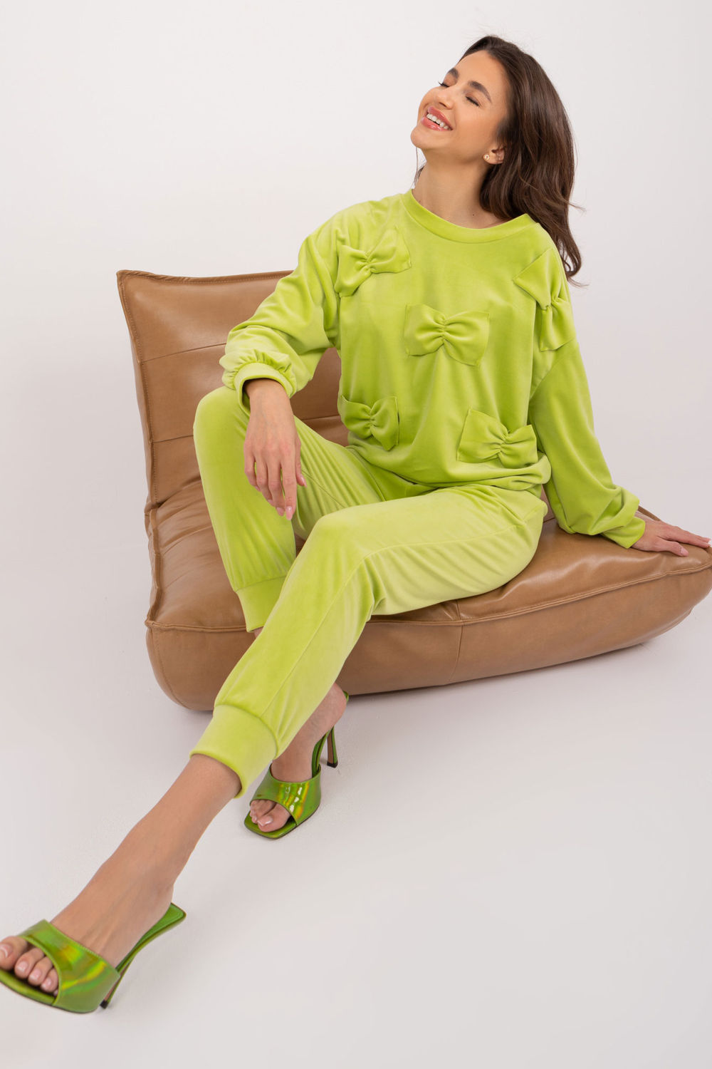 Italy Moda Lime Velvet High Waisted Co-Ord Set - view 2