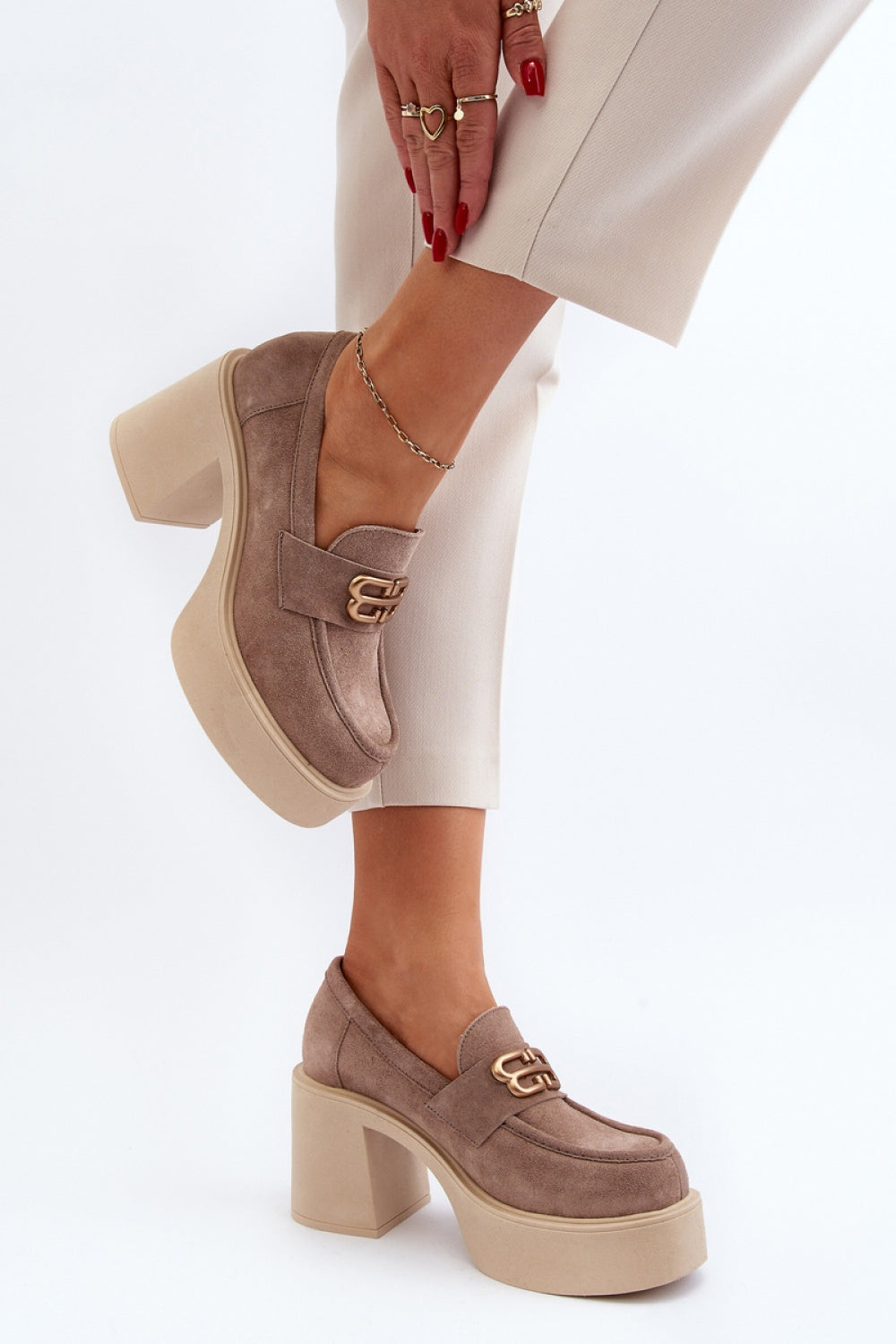 Step In Style Zazoo Beige Faux Suede Heeled Shoes