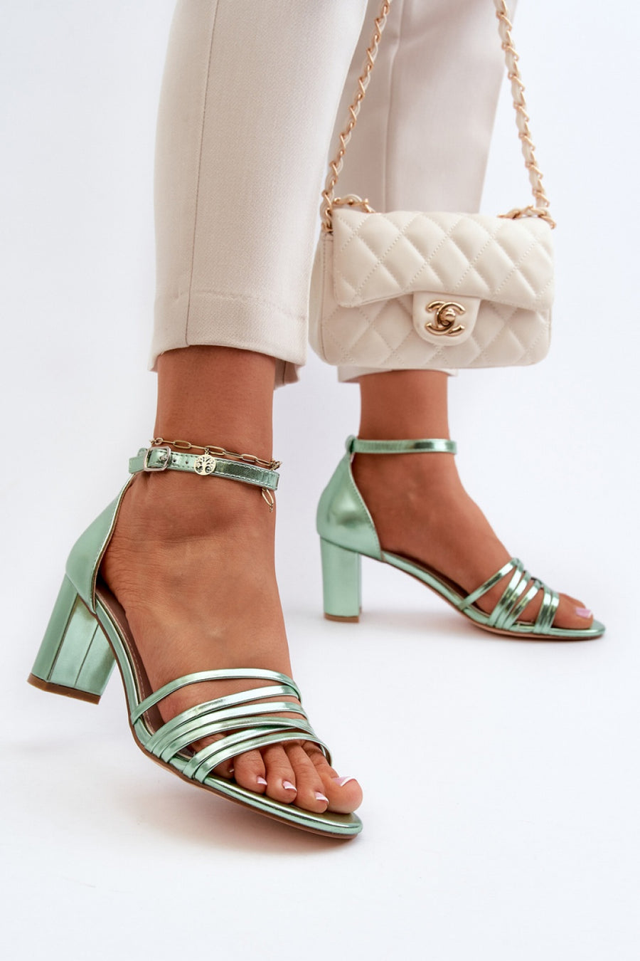 Step In Style Enitia Green Faux Leather Heeled Sandals