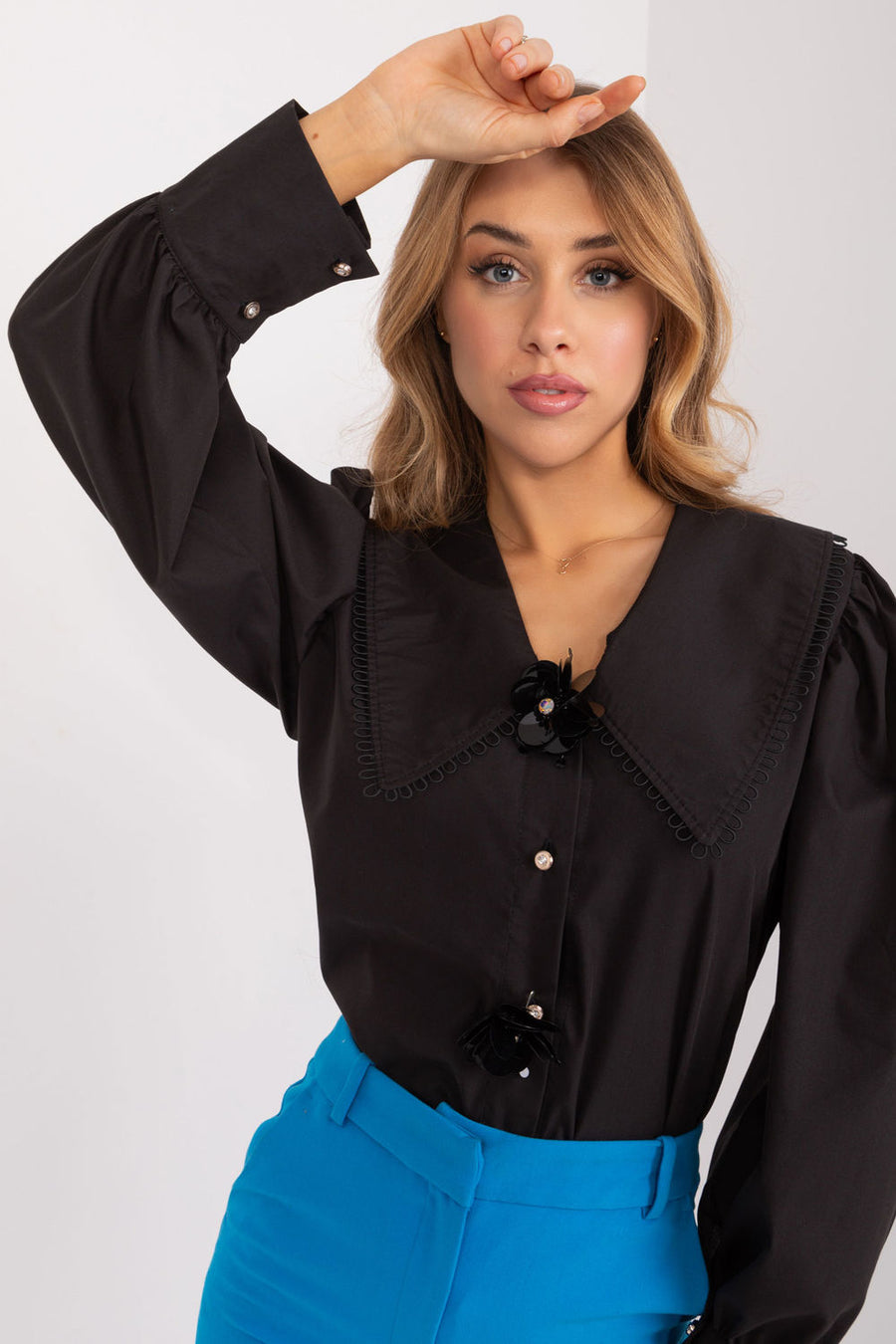 Lakerta Black Cotton Long Sleeve Top with Buttons