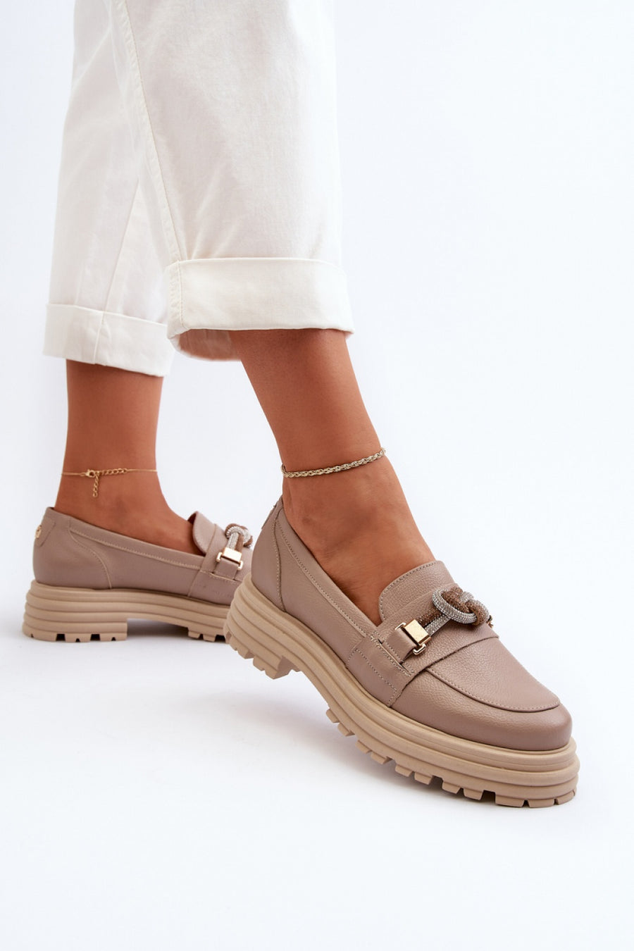 Step In Style Laura Messi Dark Beige Leather Platform Moccasins