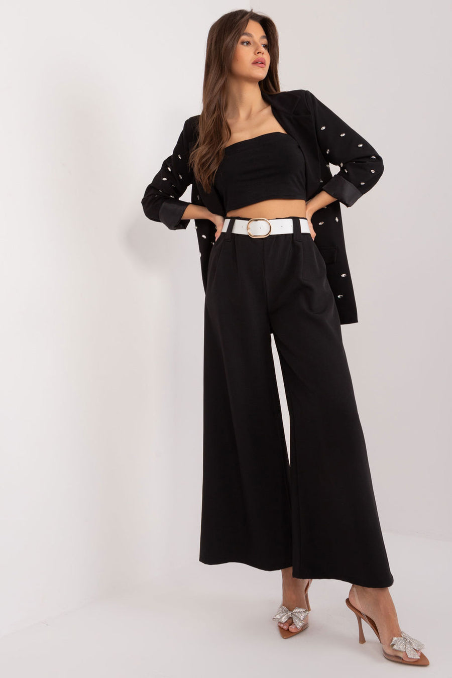 Italy Moda Black Polyester Wide Leg High Waisted Trousers