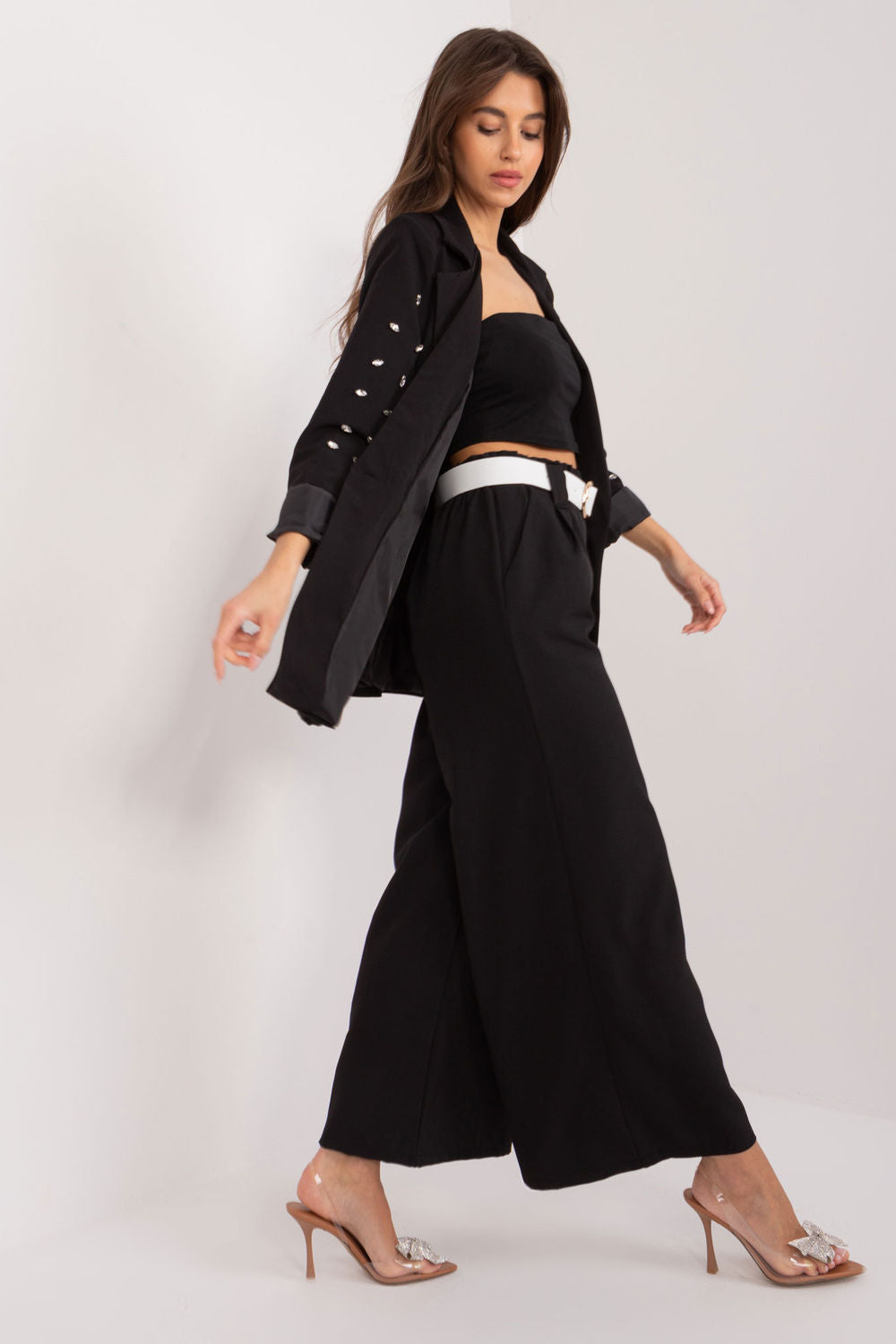 Italy Moda Black Polyester Wide Leg High Waisted Trousers - view 2