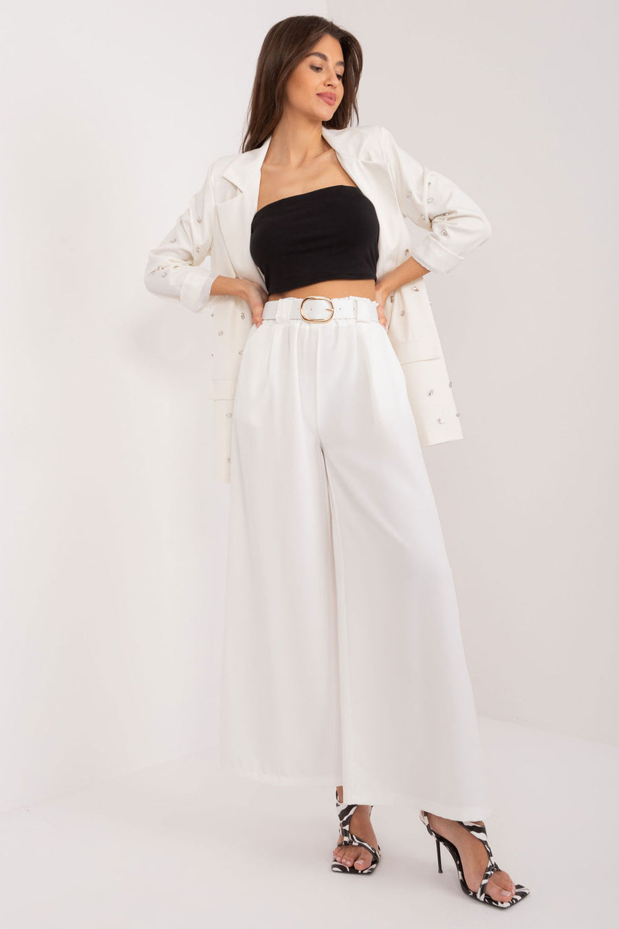 Italy Moda Ecru Wide Leg High Waisted Trousers