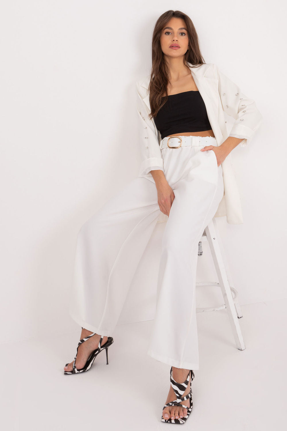 Italy Moda Ecru Wide Leg High Waisted Trousers - view 2