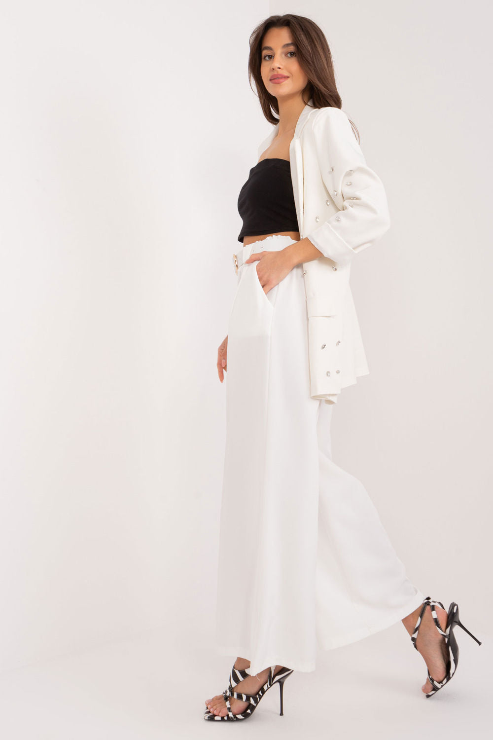 Italy Moda Ecru Wide Leg High Waisted Trousers - view 3