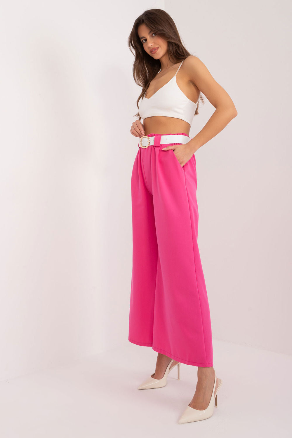 Italy Moda Fuchsia Wide Leg High Waisted Trousers - view 2