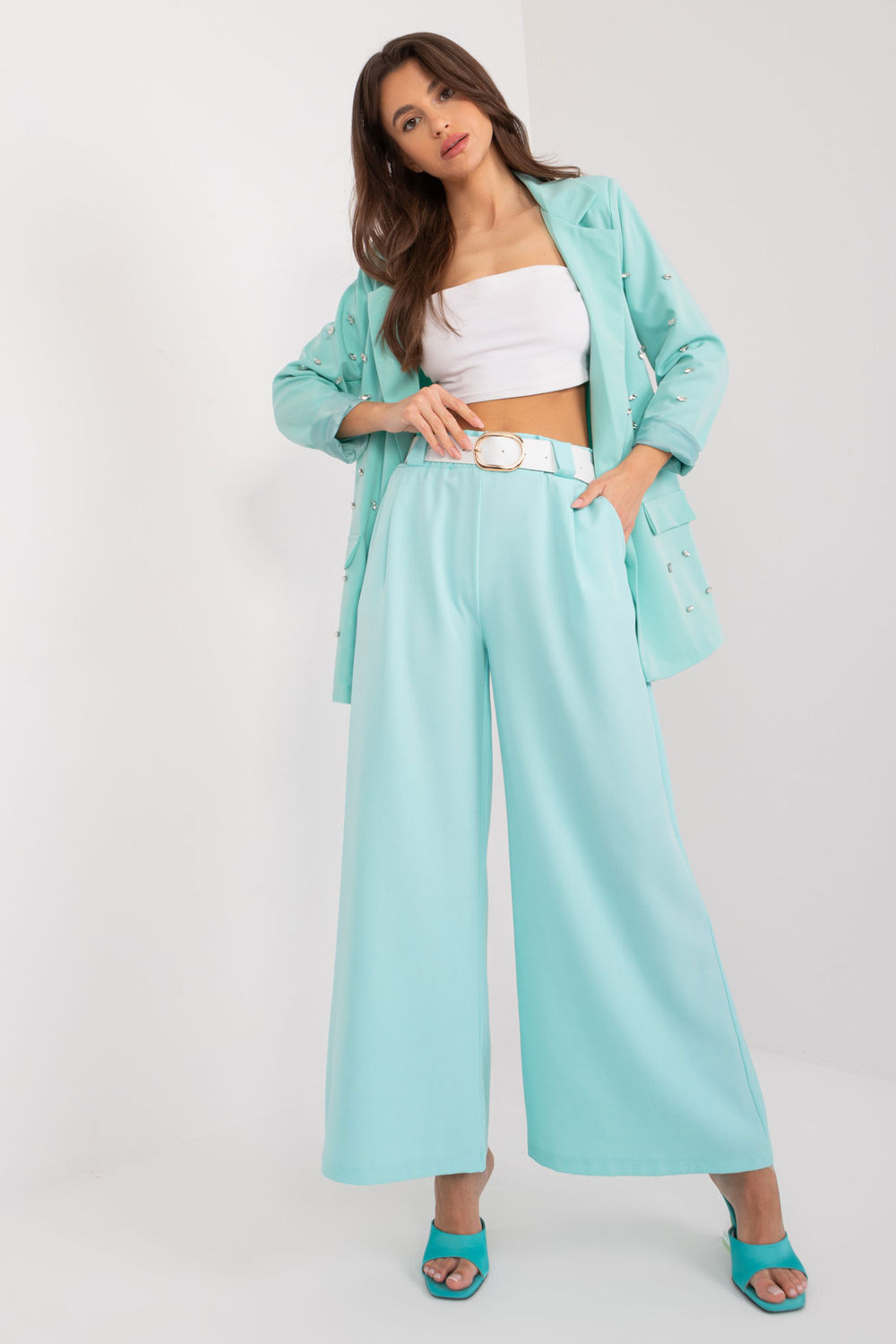 Italy Moda Mint Wide Leg High Waisted Trousers