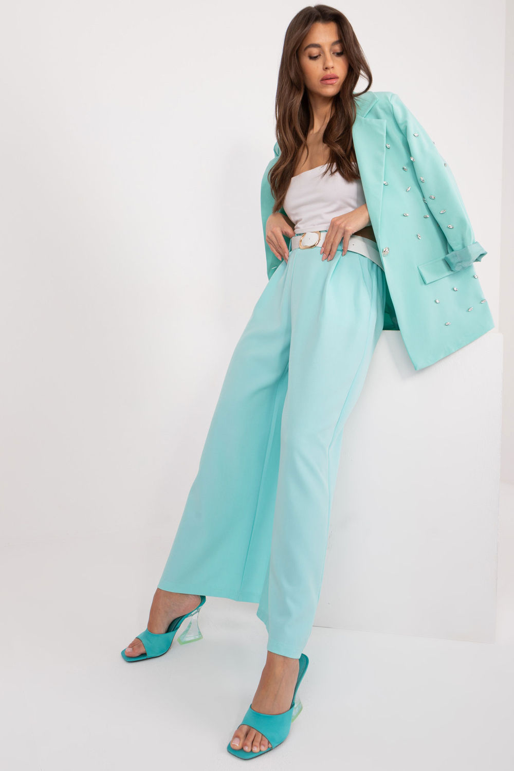 Italy Moda Mint Wide Leg High Waisted Trousers - view 4