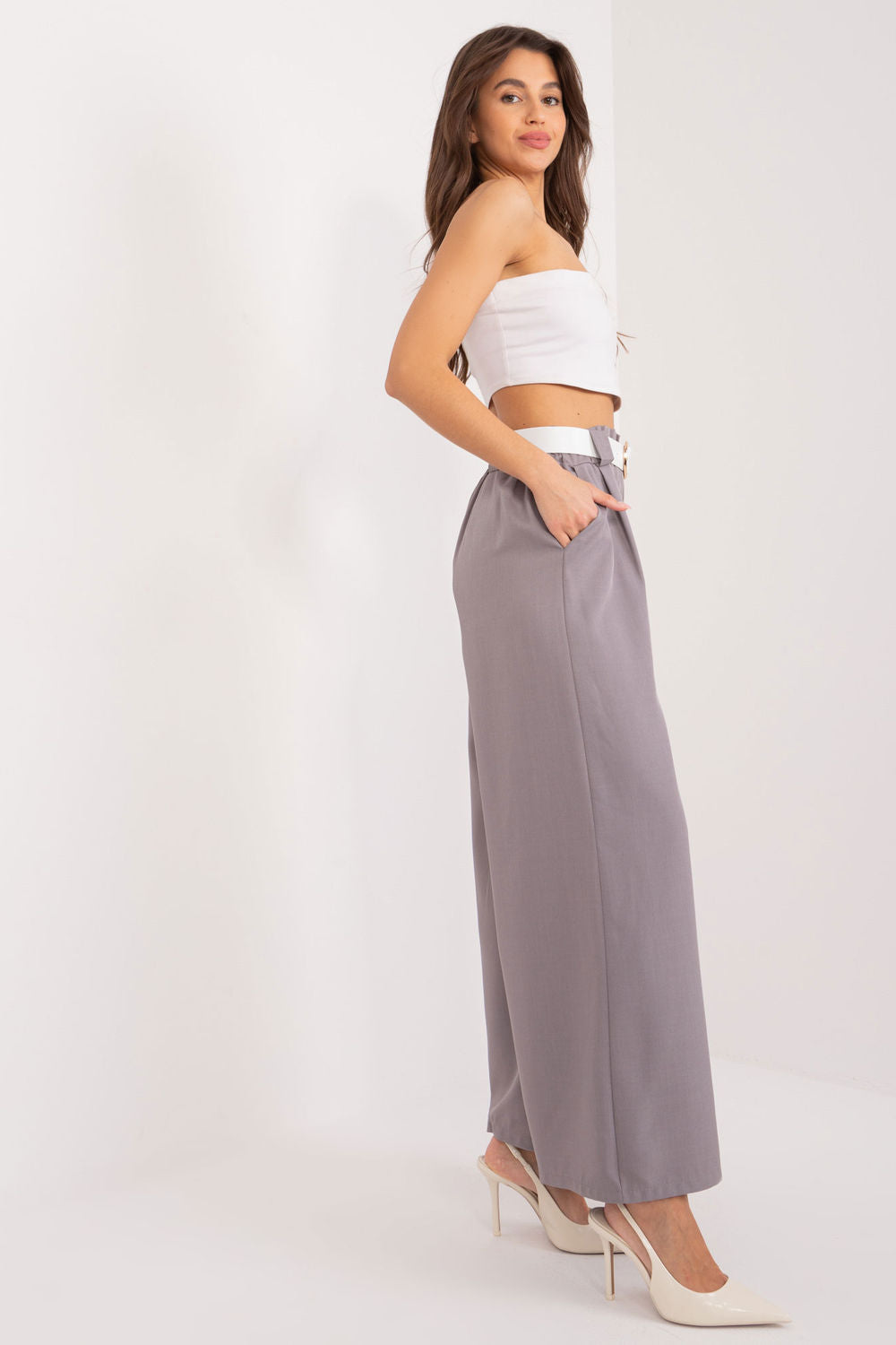 Italy Moda Grey Wide Leg High Waisted Trousers - view 2