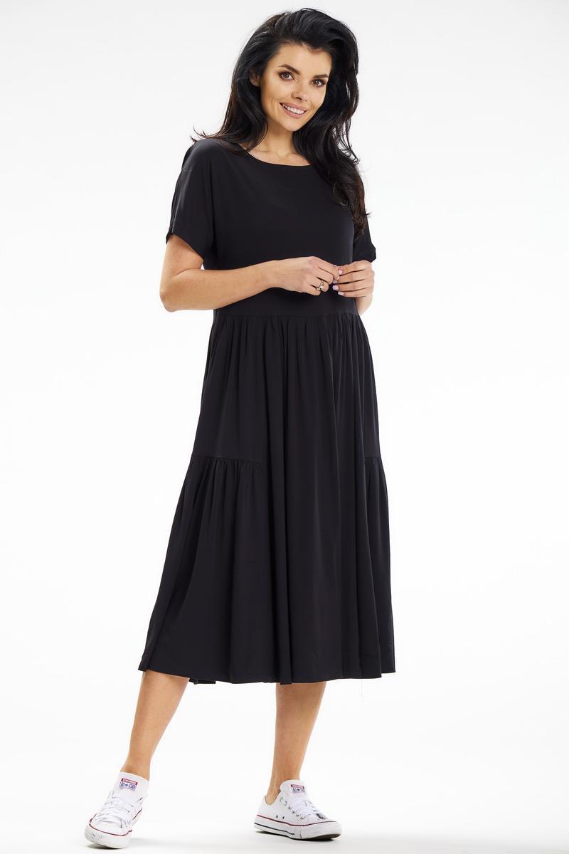 Awama Black Boat Neck Midi Short Sleeve Dress
