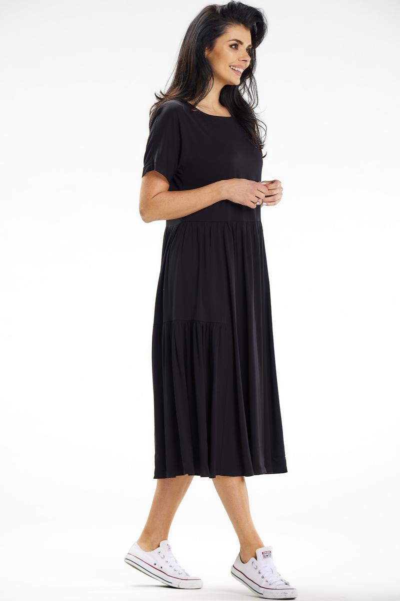 Awama Black Boat Neck Midi Short Sleeve Dress - view 2