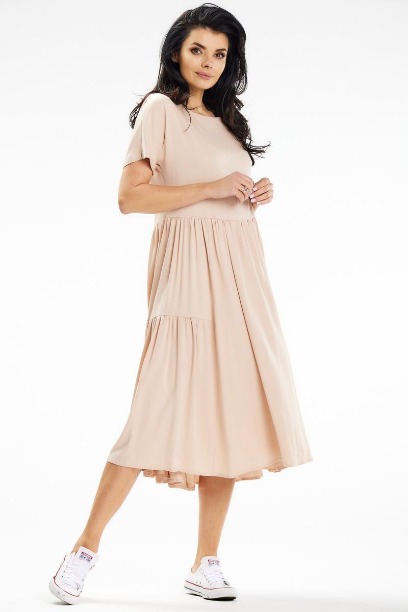Awama Beige Boat Neck Midi Short Sleeve Dress