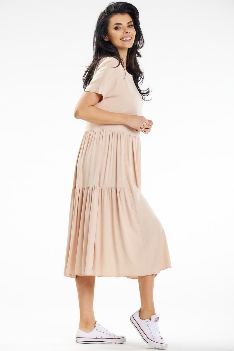 Awama Beige Boat Neck Midi Short Sleeve Dress - view 2