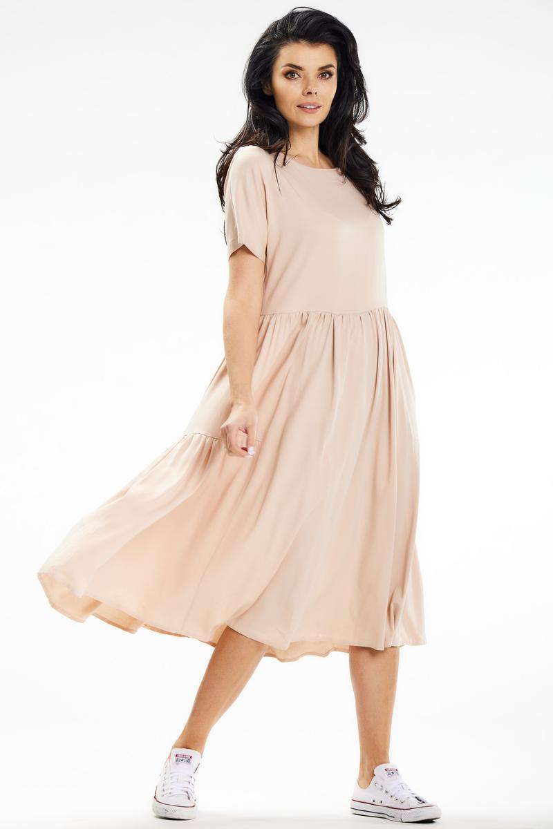 Awama Beige Boat Neck Midi Short Sleeve Dress - view 4