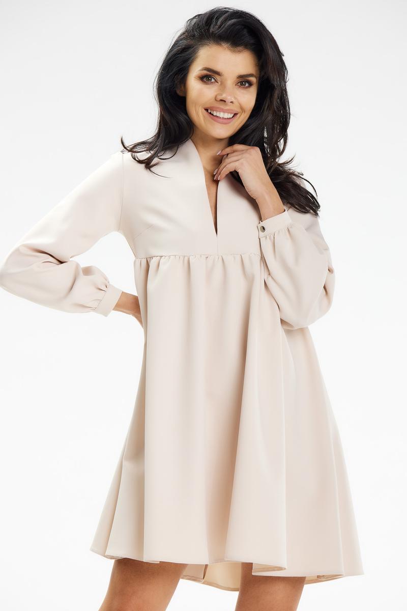 Awama Beige Mini Bodycon Long Sleeve Dress